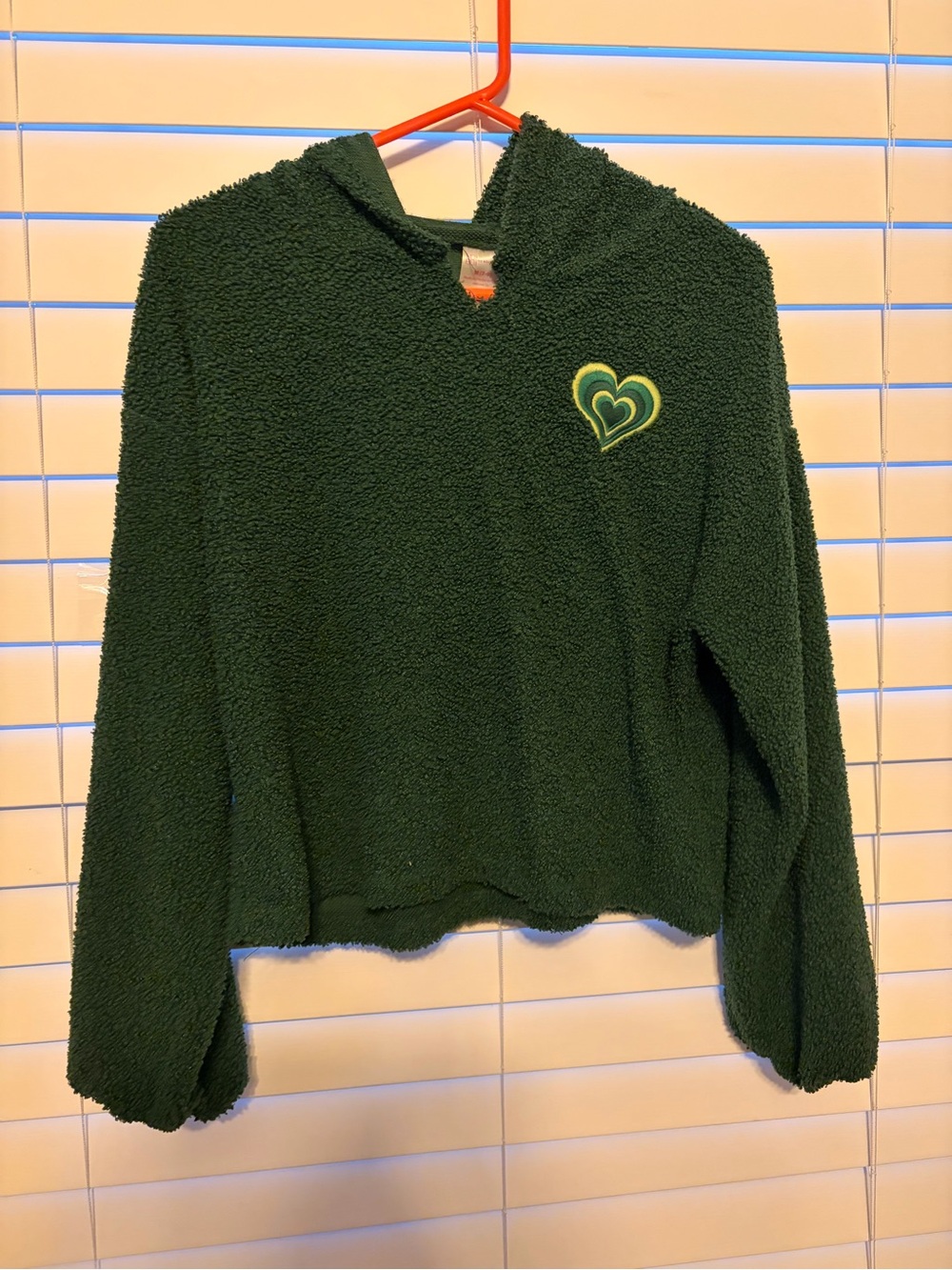 No Boundaries Forest Green Hooded Sherpa Sweater with Heart Patch
